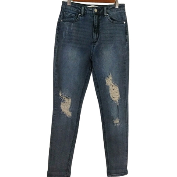 Tinseltown Distressed Denim High Waist Skinny Casual Back to School Blue Jeans - Picture 1 of 5